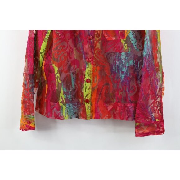 Vintage 90s Y2K Babydoll Womens Large Flax Blend Sheer Rainbow Flower Jacket - Picture 3 of 14